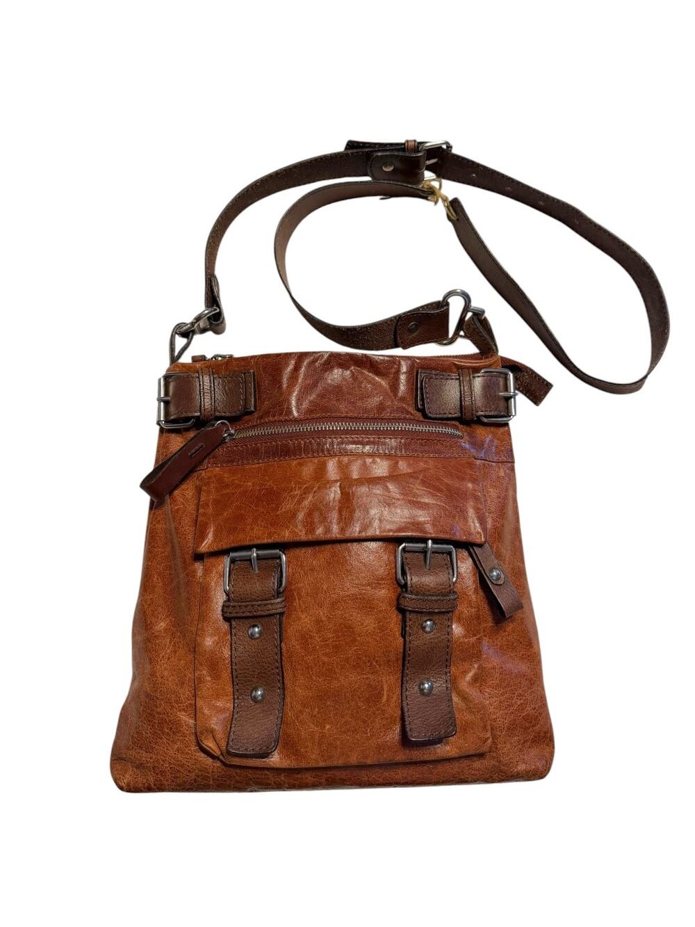 Tano Distressed Leather Crossbody Bag Cognac Brown Buckle Moto Boho Y2K